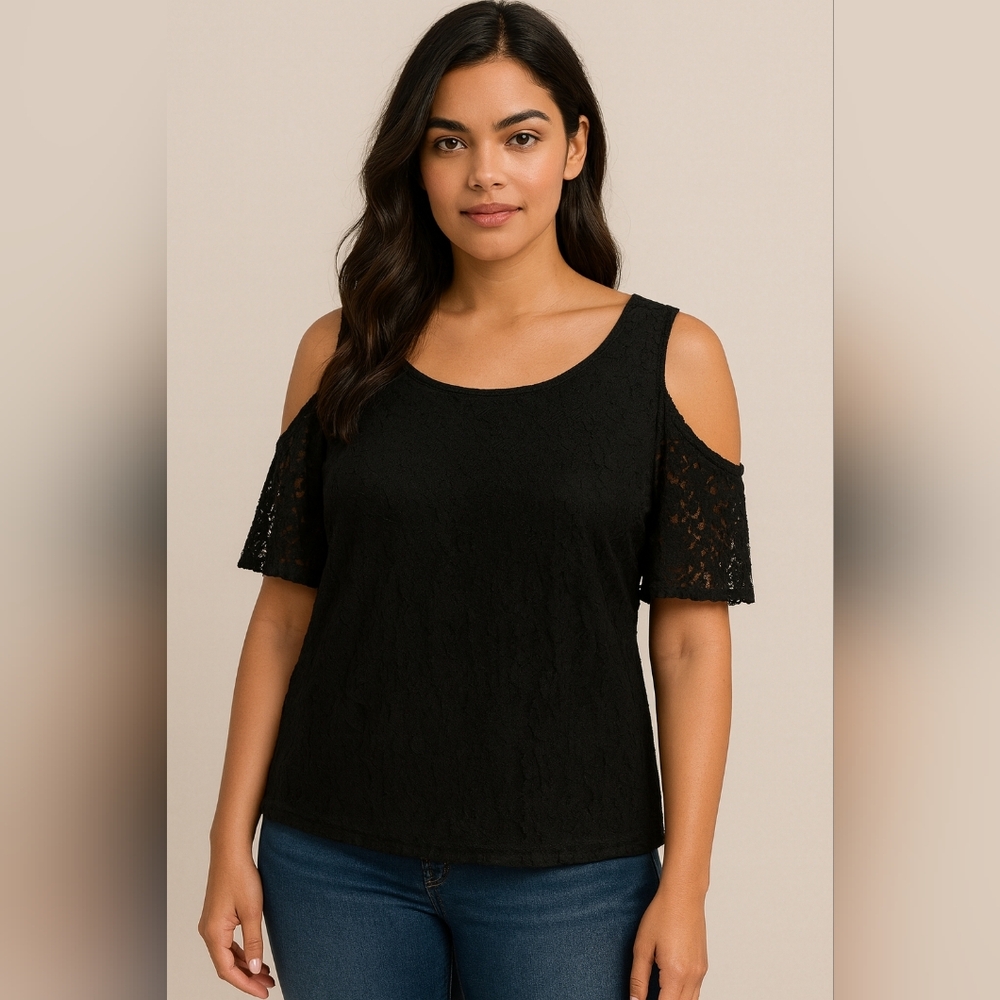 #95 Rue Juju Black Cold Shoulder Lace Sleeve Top 3X Plus Size